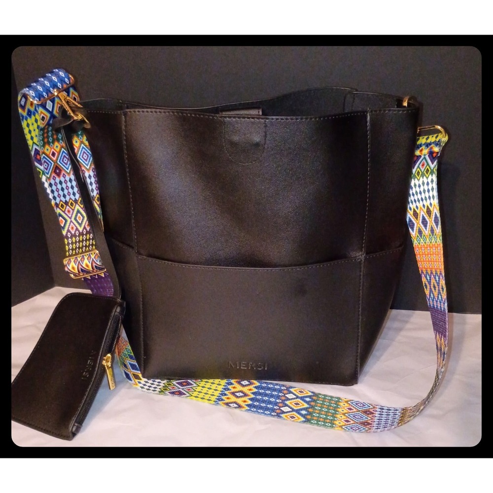 MERSI Bucket Bag Womens Large Black Geometric Strap Boho Alicia Vegan Leather